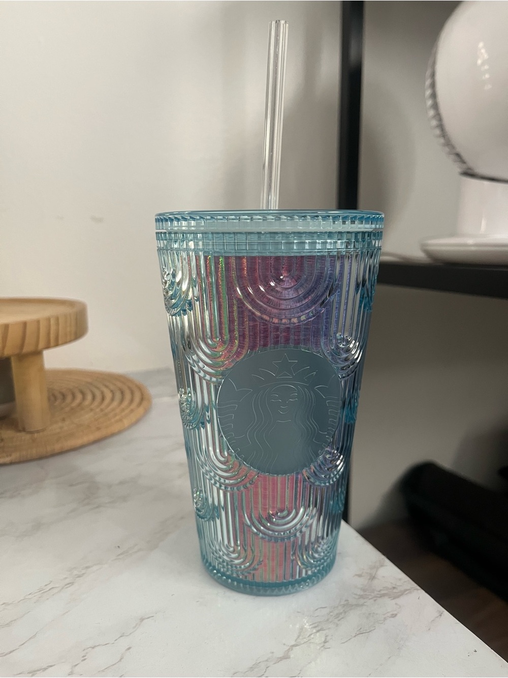 Starbucks Blue Iridescent Reusable Cup with Clear Straw